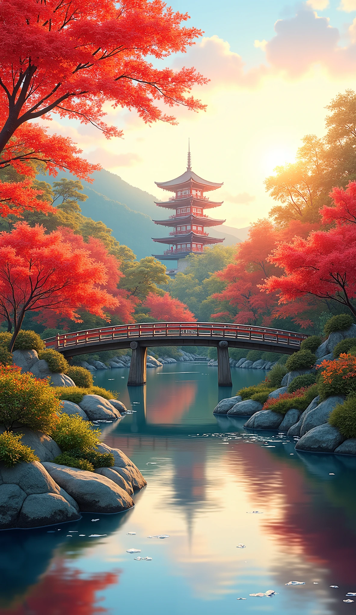 (Digital Paint)、(best quality)、Quiet Japanese garden、Bright red autumn leaves、Carp Pond、Pedestrian bridge、tower、Ukiyo-e style、8K Ultra Realistic、Pastel Color Schemes、soft body lighting、golden hour、quiet atmosphere、landscape orientation