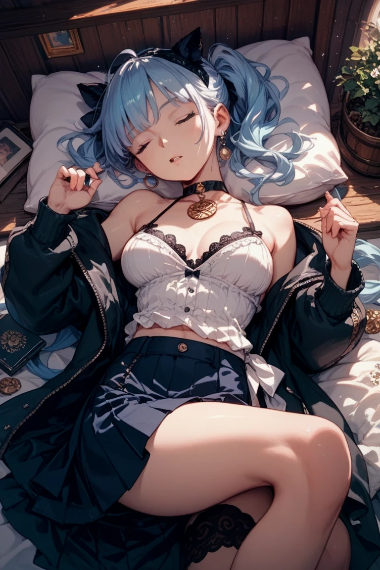 anime - style image of a woman in a blue dress laying on a bed, (Hoshimachi Suisei:1.3), virtual Vtuber, pixiv, top rated on pixiv, at pixiv, digital art on pixiv, pixiv style, trending on artstation pixiv, popular on pixiv, anime girl with teal hair