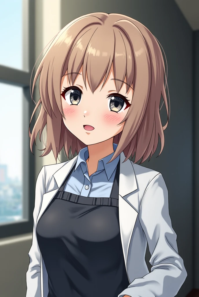 (best quality), (masterpiece), (focus on face), つやのある肌, 1girl, smile, office lady suit, medium large breasts, emphasizing the cleavage, erect nipples