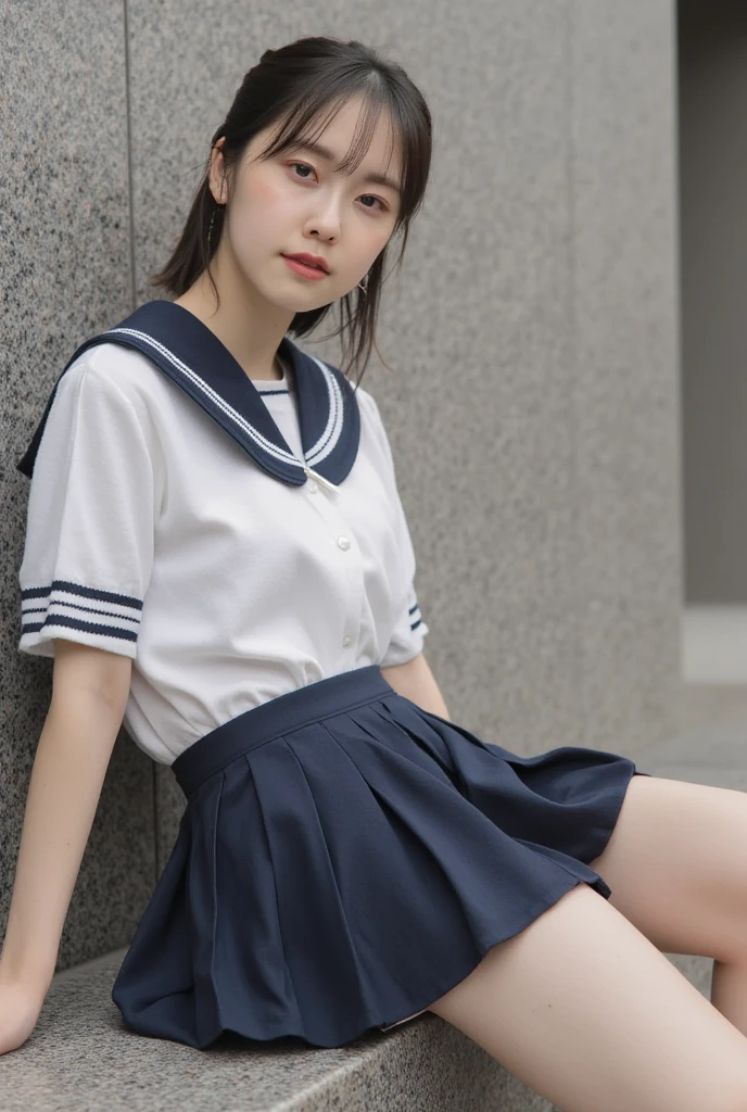 (masterpiece,highest quality,ultra high resolution),japanese woman, very beautiful 11 year old girl, Naïve girl、(perfect limbs、perfect anatomy),(bob hair,hair band).cute sailor suit、short sleeve sailor suit、navy blue skirt、pure white、radiant beautiful skin、Moist eyes、brown shiny hair、Colors and landscapes of youth、Feeling of love