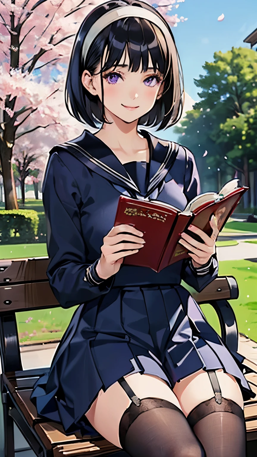 sailor suit, one woman, (beautiful women in cars, Delicate schoolgirl:1.3), 8k, best quality, masterpiece, very detailed, ultra high resolution, realistic, RAW photo, absolute resolution, black hair, bob cut, small face compared to body, very small face, black hair, navy blue sailor suit, navy blue skirt , animated 2d rendering, realistic high school girl, (white headbands:1.4), Location, small breasts, is tall, Slanted Eyes , purple eyes, black stockings, black garter belt, smile, (reading:1.4), Under the tree where cherry blossoms bloom, sit on a bench,