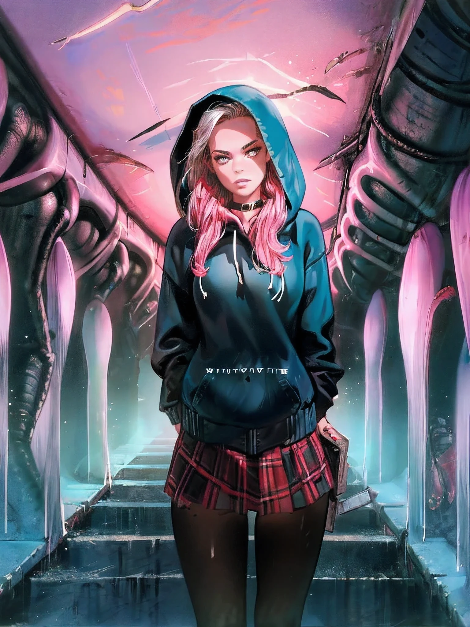 masterpiece, best quality, absurdres, perfect anatomy, 1girl, solo, LegionSusie, plaid skirt, pantyhose, hoodie, hood up, dark, forest, night, arms behind back,