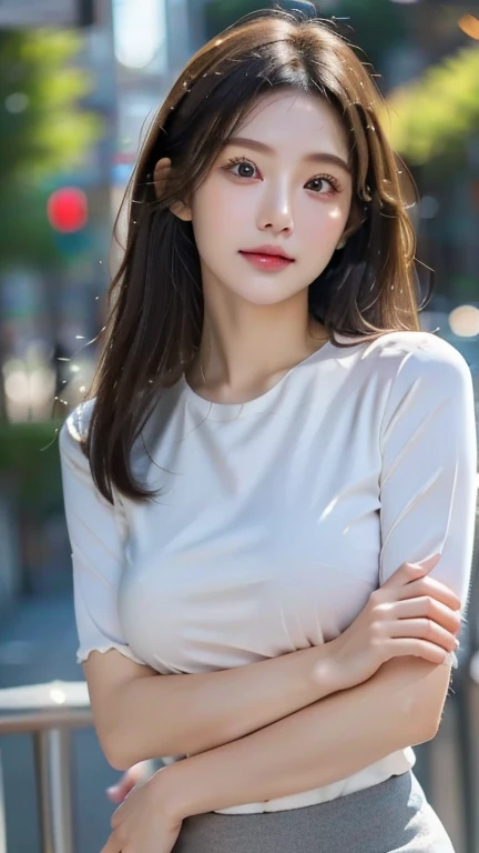 ((top-quality、8k、masterpiece:1.3))、Crisp focus:1.2、Beautiful Women in Perfect Style:1.4、((Dark brown hair、huge tit:1.2))、(white t-shirts:1.1)、Street:1.2、Highly detailed facial and skin texture、A detailed eye、二重まぶた