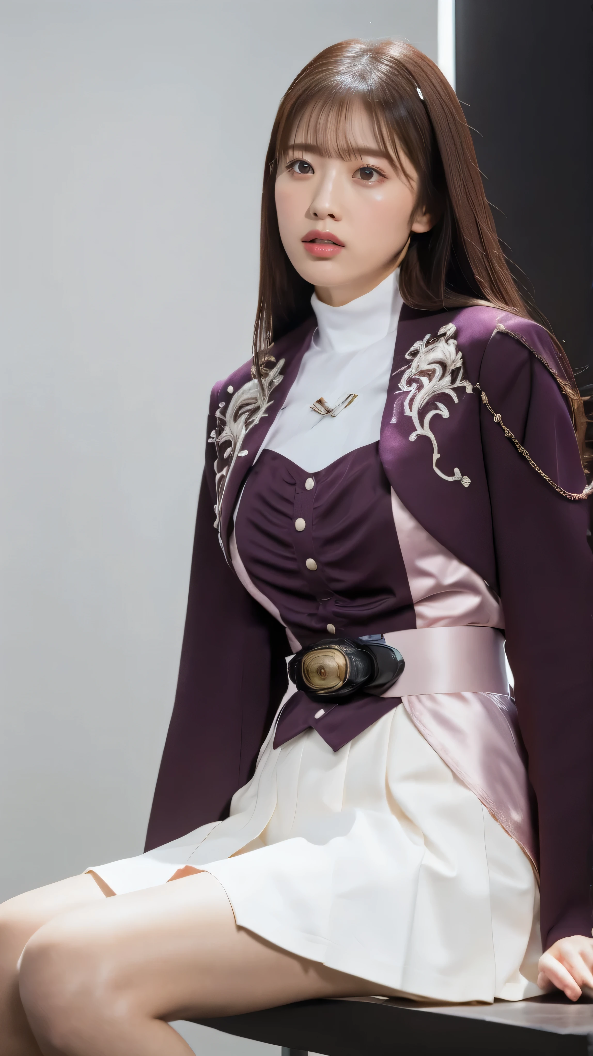 ( 高精細CG),( top quality ),((frontal view)),((Composition showing the upper body)),((black room background with no lights)),(( 1girl )), Close, shiny skin ,wide hips , thin waist with cloudy white in the mouth, purple bolero jacket,((white skirt)),long sleeve , pink belt,((brown hair color )),straight long hair,((Composition showing the part above the knee where the eyebrows are bent in the shape of a C )),((sitting)),