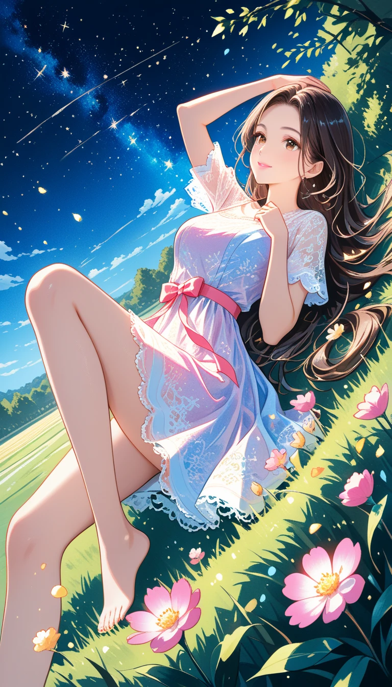 1 beautiful girl 20 years old, anime girl, walking in a field of flowers, blue sky with white clouds, artistic fairy costume green mini dress, low-cut and sleeveless dress, yellow panties, beautiful legs, beautiful thighs, crystal high heels, defined hands and legs, full body, looks like a sexy model, a pair of translucent wings, butterflies around, big round breasts, glossy lips, cleavage, high heels, brown hair, hair over shoulder, wavy hair, asymmetrical bangs, hair one side up, expressive hair, hair behind ear, hairband, leaf hair ornament, aqua eyes, pupils sparkling, crystal earrings, pointy ears, smile, blush, fingersmile, seductive smile, naughty face, Color Field painting, high detail, anime, dithering, image fill, first-person view, wide shot, from behind, she looks back at the viewer, perspective, Wide-Angle, f/1.8, 85mm, Canon, 8k, super detail, UHD, anatomically correct, masterpiece, high quality