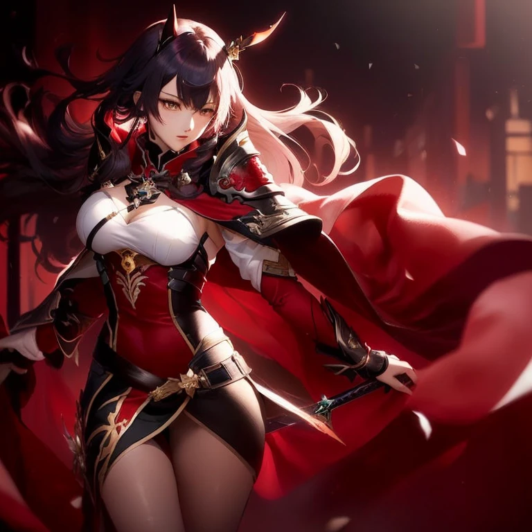 Woman, blue eyes, brunette hair gathered in a sloppy low bun, red tight Chinese dress, high black boots, dragon horns and tail, light lipstick, spear in hands, a short cape on the shoulders, cold emotionless gaxe