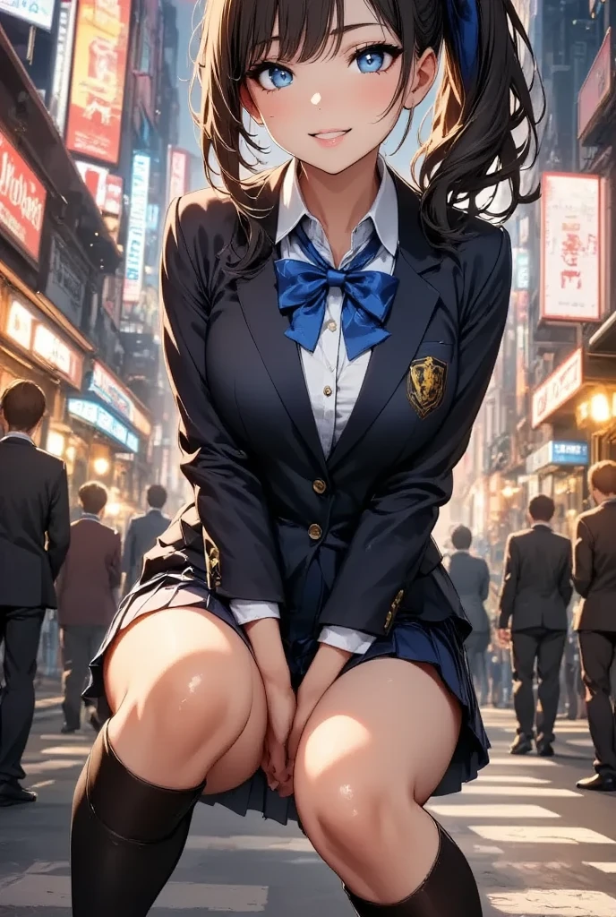 Fantasy art、((masterpiece,best quality anime,Highest quality:1.3)),realistic,portrait,cowboy shot,1woman,(Mature Beauty),((very small head:1.4)),((very long body:1.3)),long hair,black hair,bangs,(gorgeous big eyes),black eyes,smile,(School uniform、Dark blue blazer jacket、Navy blue tie、Dark blue plaid mini skirt),white collared shirt,((slender body:1.3,skinny:1.2)),medium breasts,standing,on road,Magic City、High-rise buildings、A world of magic and science,