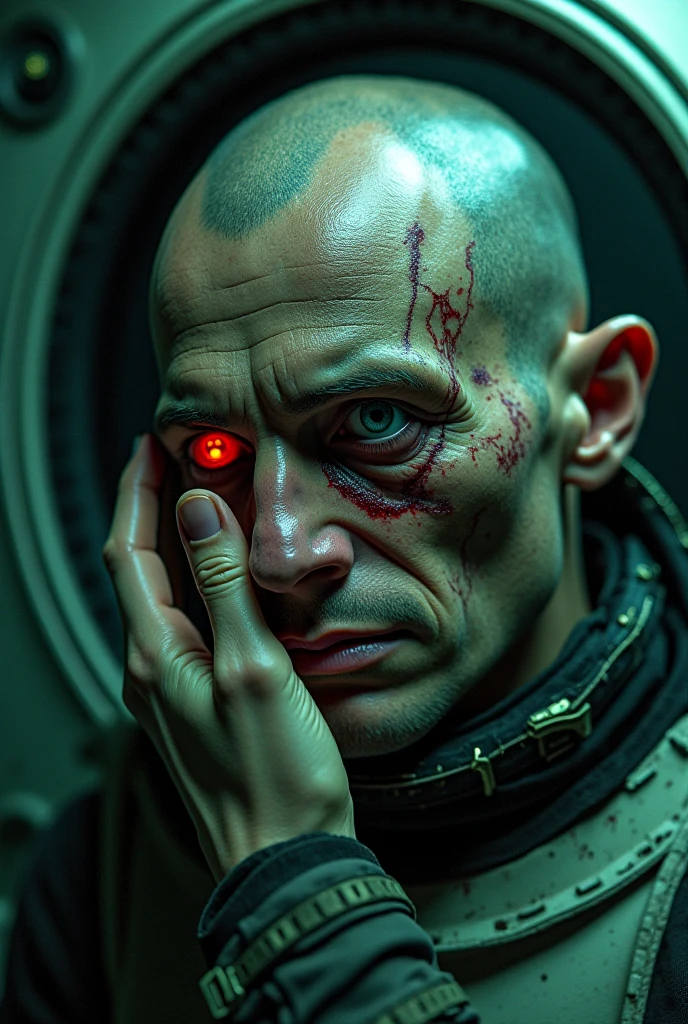 portrait of 1man, <lora:Shv33l_1.5:1> Shv33l , with half of his face robotic, split down the middle, gears and metal, cyberpunk setting, glowing red eyes, deadly intent, cute, frightening, dangerous, adorable, cloudy skies, smog <lora:air-a-e-style-darquelilly-v1:1>