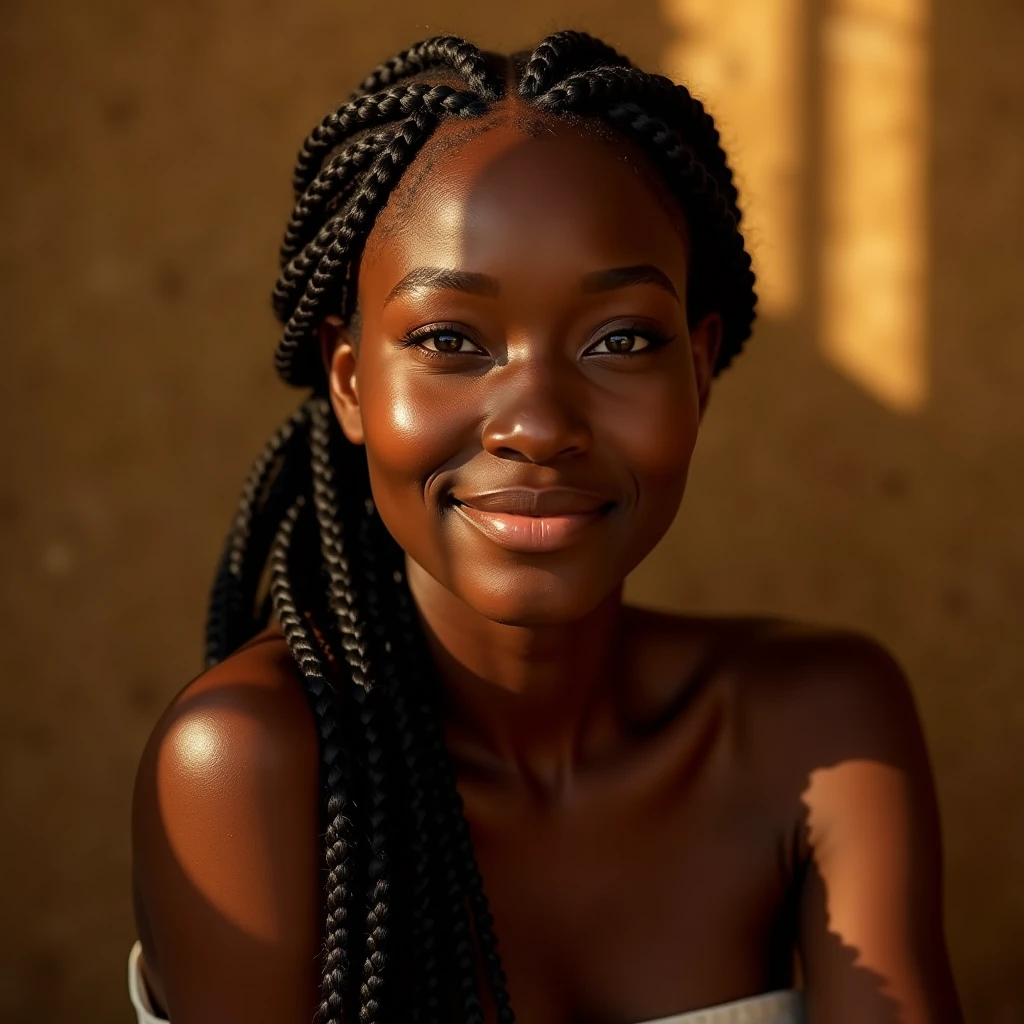hyper realistic, afro hair style, smiling young woman in black dress standing outside of a building, a portrait by Frederik Vermehren, unsplash, visual art, black teenage girl, long black braids, black young woman, mid portrait, young black woman, closeup portrait shot, with black pigtails, mid shot portrait, african american young woman, a beautiful young woman, dark skinned