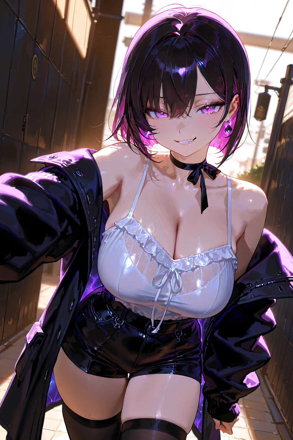 Cute girl with cat ears, Short Bob Hair, jet black shiny hair, sparkly eyes, False lashes, Glossy lips, A smile, large full breasts, Tight and sexy clothes made of leather, Thumb and four fingers, Anatomically correct fingers, detail portrayal, Lustrous skin,