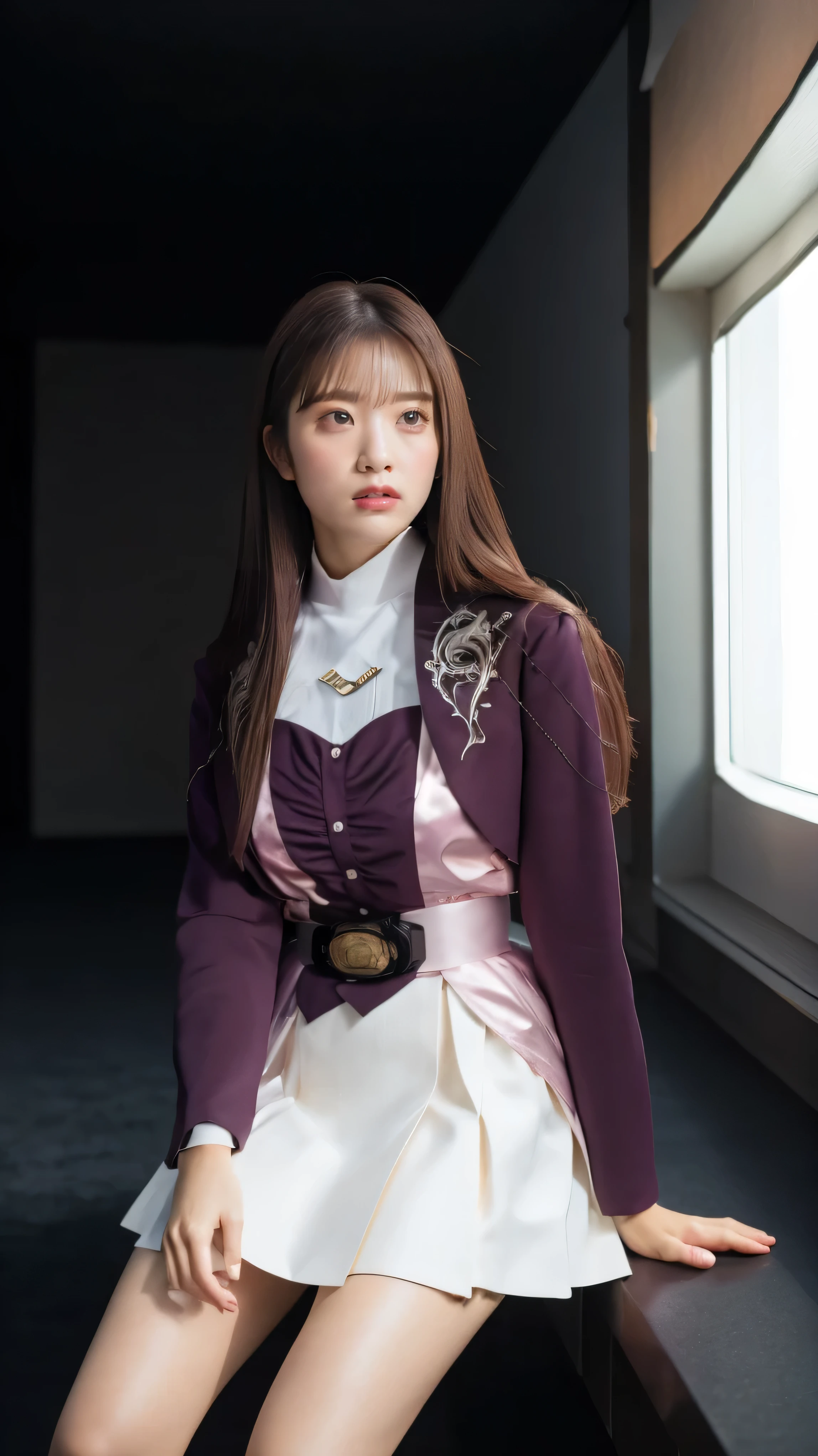 ( 高精細CG),( Top Quality ),((frontal view)),((Composition showing the upper body)),((black room background with no lights)),(( 1girl )), Close, shiny skin ,wide hips , thin waist with cloudy white in the mouth, purple bolero jacket,((white skirt)),long sleeve , pink belt,((brown hair color )),straight long hair,((Composition showing the part above the knee where the eyebrows are bent in the shape of a C )),((sitting)),