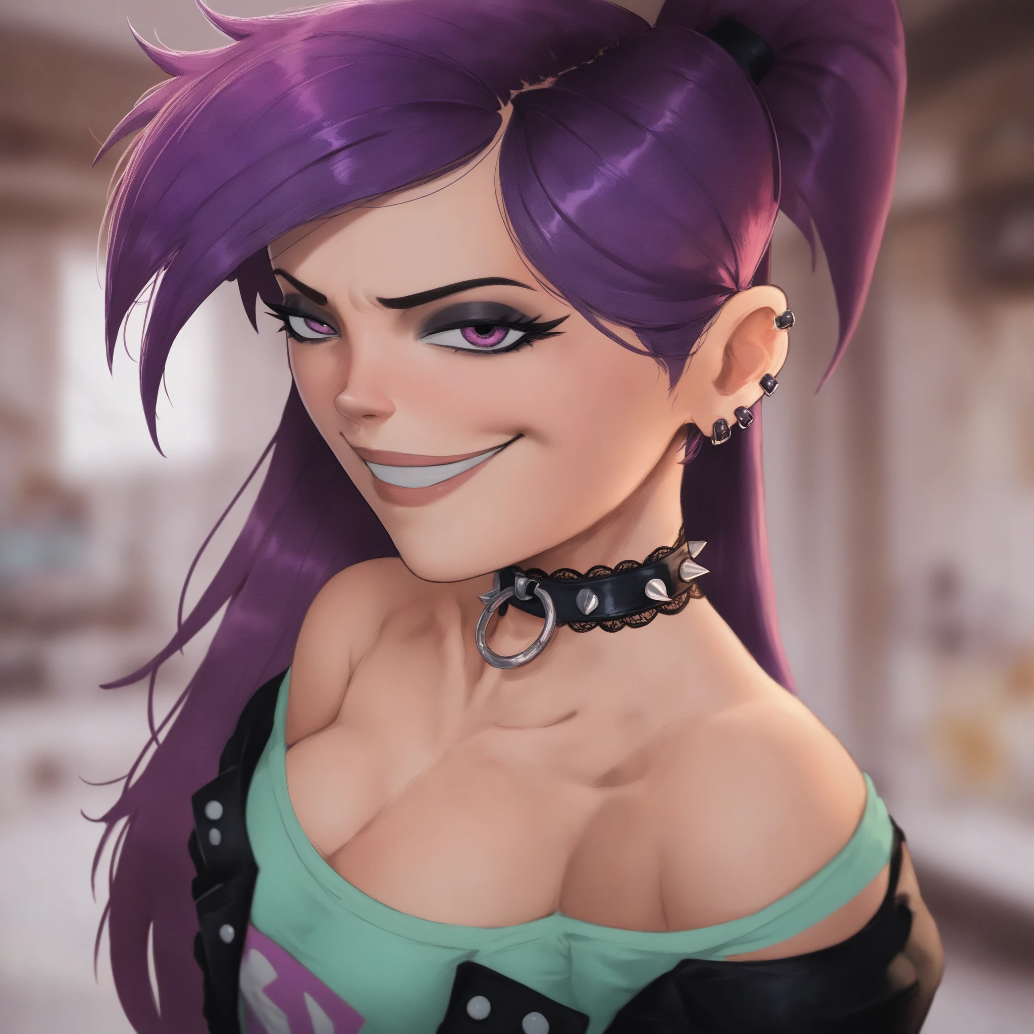 mature woman, sombra_(overwatch), (anime screencap),
(1girl:0.5), solo, long hair, breasts, looking at viewer, blush, smile, large breasts, brown hair, gloves, cleavage, purple eyes, collarbone, upper body, purple hair, multicolored hair, earrings, lying, dark skin, off shoulder, grin, two-tone hair, dark-skinned female, gradient hair, makeup, on side, lipstick, black background, eyeshadow, outline, asymmetrical hair, undercut, purple lips, <lora:Sombra-20:1>