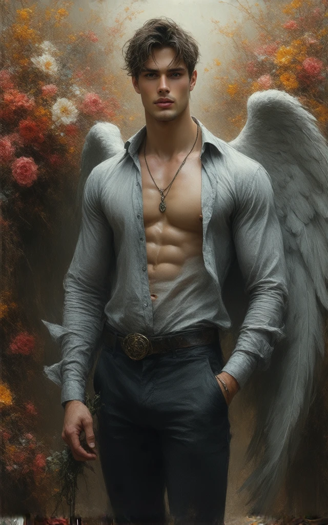 1 character lonely, young handsome, LatinLover OC, mulatto skin, attractive feature, skin tone tan, dark blue eyes, demanding expression, big white wings coming with the backpack, 2 wings of angel, physical fitness, man long haircut medium, black brown hairstyle, small beard, men's clothes, elegant shirt,complete outfit, anatomically correct, full body tattoo, environment: Magic fantasy green forest.
