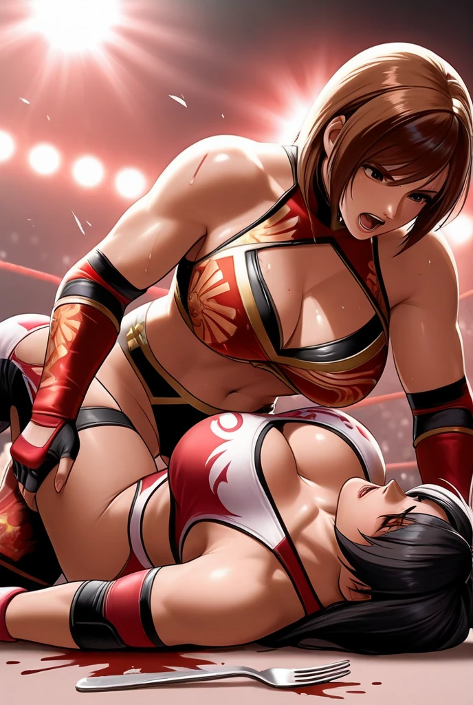 ((masterpiece)), ((high quality)), ((super detailed)), ((high resolution)) ,((8k)), a beautiful woman, ((She is one of the most famous female Gravure actress in the world.)), unparalleled beauty, ((huge breast)), ((large ass)), ((deep cleavage)), slim waist, chest out, ultra detailed face, perfect skin, (((Half-up hairstyle, Blonde straight hair))), blue eyes,  detailed eyes, whole body image, (((anime))), ((glamorous)), 21 years old, ((incredibly beautiful woman)), ((The I cup bust)),  ((((Black and Gold color sling bikini ring wear)))),  ((beautiful breasts)), beautiful legs, 8 life size, anime, the most beautiful and strongest, ((charm)), ((Half Japanese and half British)), ((Grown-up face)), ((Open Finger Glove, Five fingers)),  (((Women's mixed martial arts,  A fighting arena))), ((Bewitching)), ((A young heroine of the women's professional wrestling world)), ((((from below)))),
