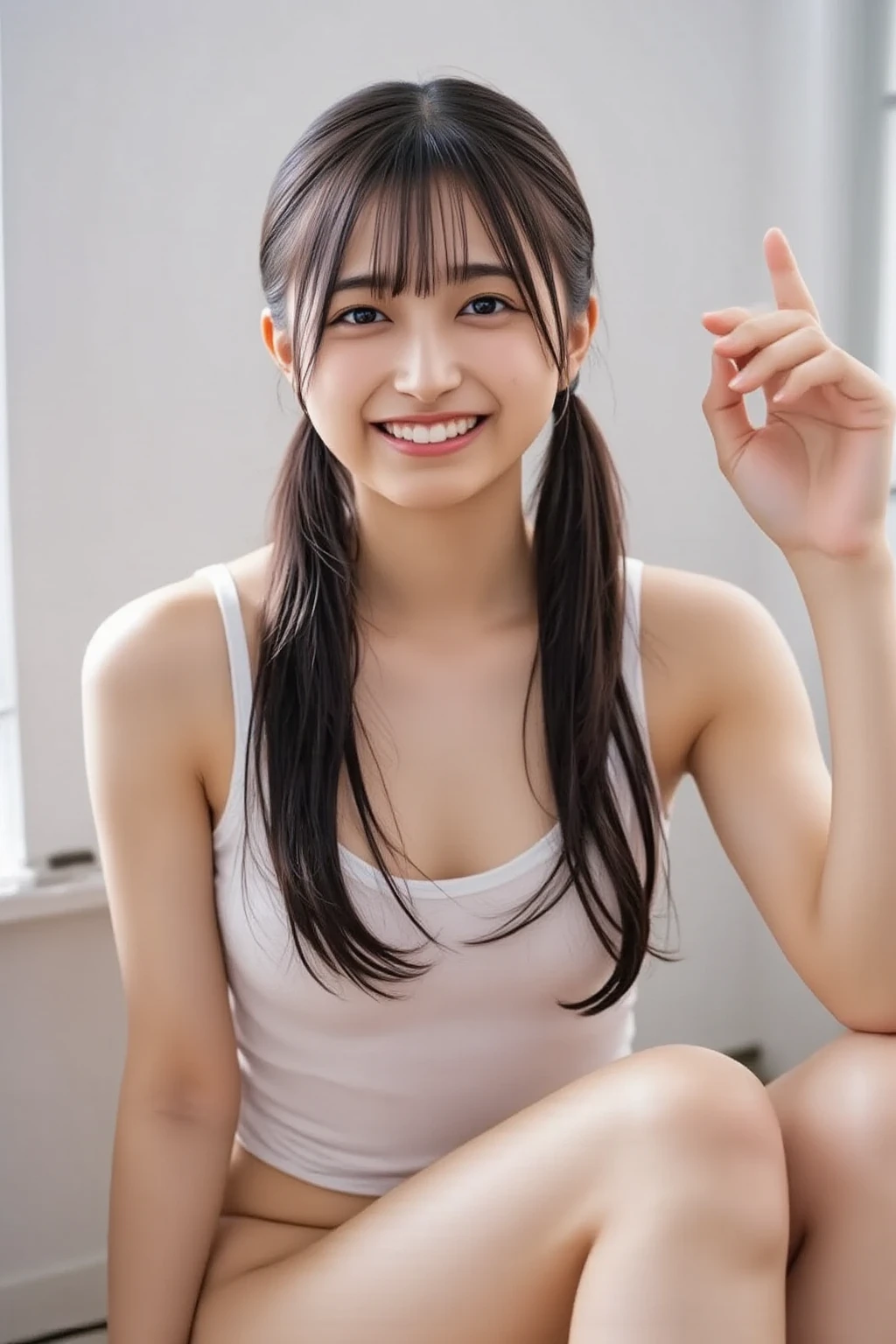(masterpiece:1.3),(8k, Realistic, RAW Photos, Best image quality: 1.4), Wet, (1 girl,alone), Beautiful Face, (Lively Faces、Young Face), (Black-haired, bangs:1.5,Low twin tails:1.2), Beautiful Hairstyles, Realistic eyes:1.2, Beautiful and beautiful eyes, Puffy eyelids、thin目、(Realistic Skin), Beautiful Skin, charm, Ultra-high resolution, Attention to detail, Golden Ratio, pretty girl:1.4、highest quality、masterpiece、Ultra-high resolution、(Realistic:1.4)、高いly detailed and professionally lit、sunlight、((transparent,Cute school girl:1.2 ,White small bra:1.5、Flat Chest:1.5))、(Black plaid skirt:0.1)、(((The body is slim:1.2、thin:1.5)))、thin、(Big smile:1.5、stupid、17 years old:1.5),(((School classroom)))、(((nsfw:1.2,thin)))、Portrait:1.2