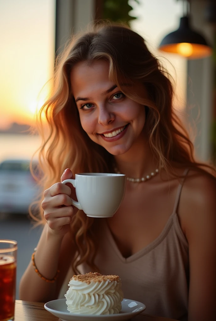 20 year old woman, instagram influencer, white skin with freckles, smile of frank happiness, blue eyes, Having a coffee on a balcony in Barcelona