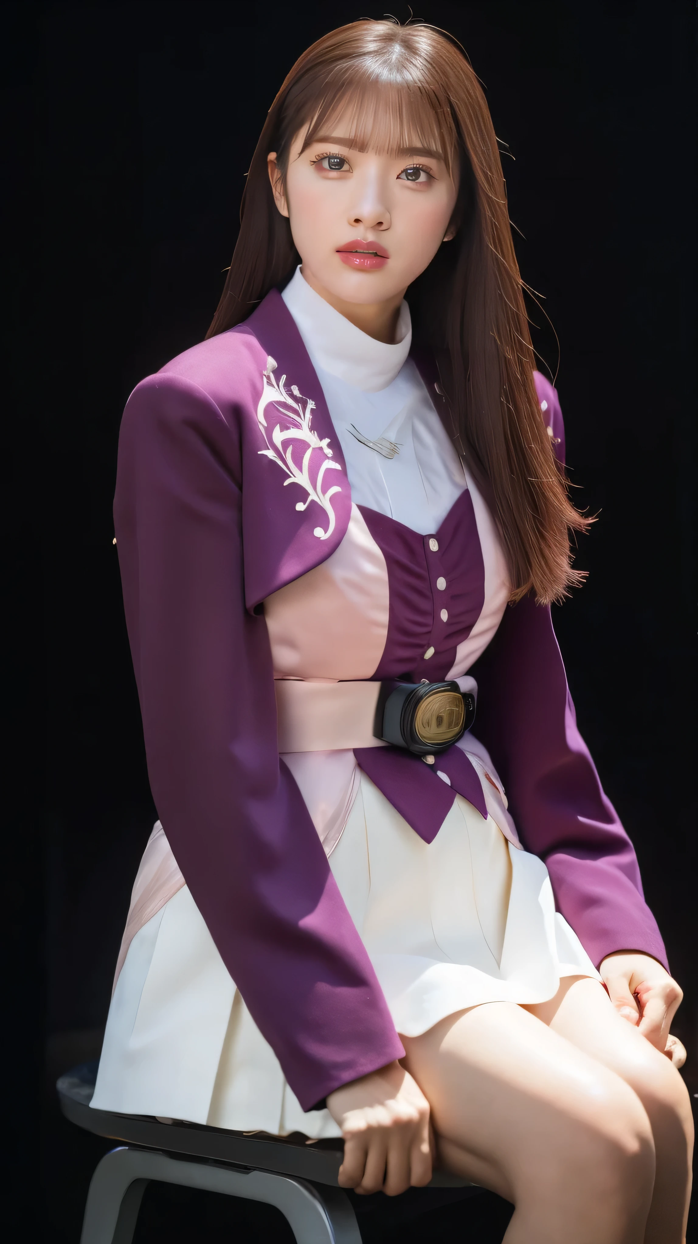 ( 高精細CG),( best quality ),((frontal view)),((Composition showing the upper body)),((black room background with no lights)),(( 1girl )), Close, shiny skin ,wide hips , thin waist with cloudy white in the mouth, purple bolero jacket,((white skirt)),long sleeve , pink belt,((brown hair color )),straight long hair,((Composition showing the part above the knee where the eyebrows are bent in the shape of a C )),((sitting)),