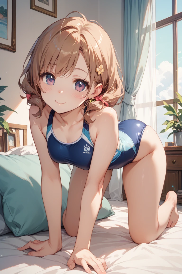 (Masterpiece: 1.2), Best Quality, (((Lirie, Pokemon)), 11 years old, girl, sandy beach, (blue one-piece swimsuit, school swimsuit: 1.2)), benevolent smile, showing the viewer the school swimsuit up close, small breasts, slightly below, collarbone and small cleavage visible, sweaty, swimsuit fits snugly and body lines are prominent, crotch seams, camel toes, Protruding, legs spread wide with the body deeply folded back, sheer sheer white knee-high socks embroidered with wet aristocracy, hands gripping thighs and spreading legs, toes raised wide upwards