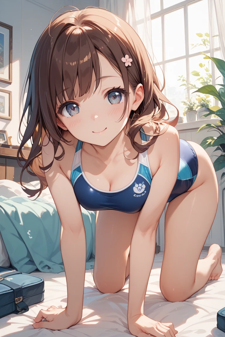 (top-quality: 1.3), (masterpiece: 1.3), (The ultra-detailliert: 1.3)、(Detailed hands and fingers:1.2)、((Woman in yellow competitive swimsuit with lines))、(Love hotel rooms:1.3)、Brown-haired woman、ssmile、(Beautiful busty woman:1.4)、Women with medium hair、((Women with straight hair))、((Woman lying on bed with her head on a fluffy pillow))、Woman with open legs、Woman in naughty pose