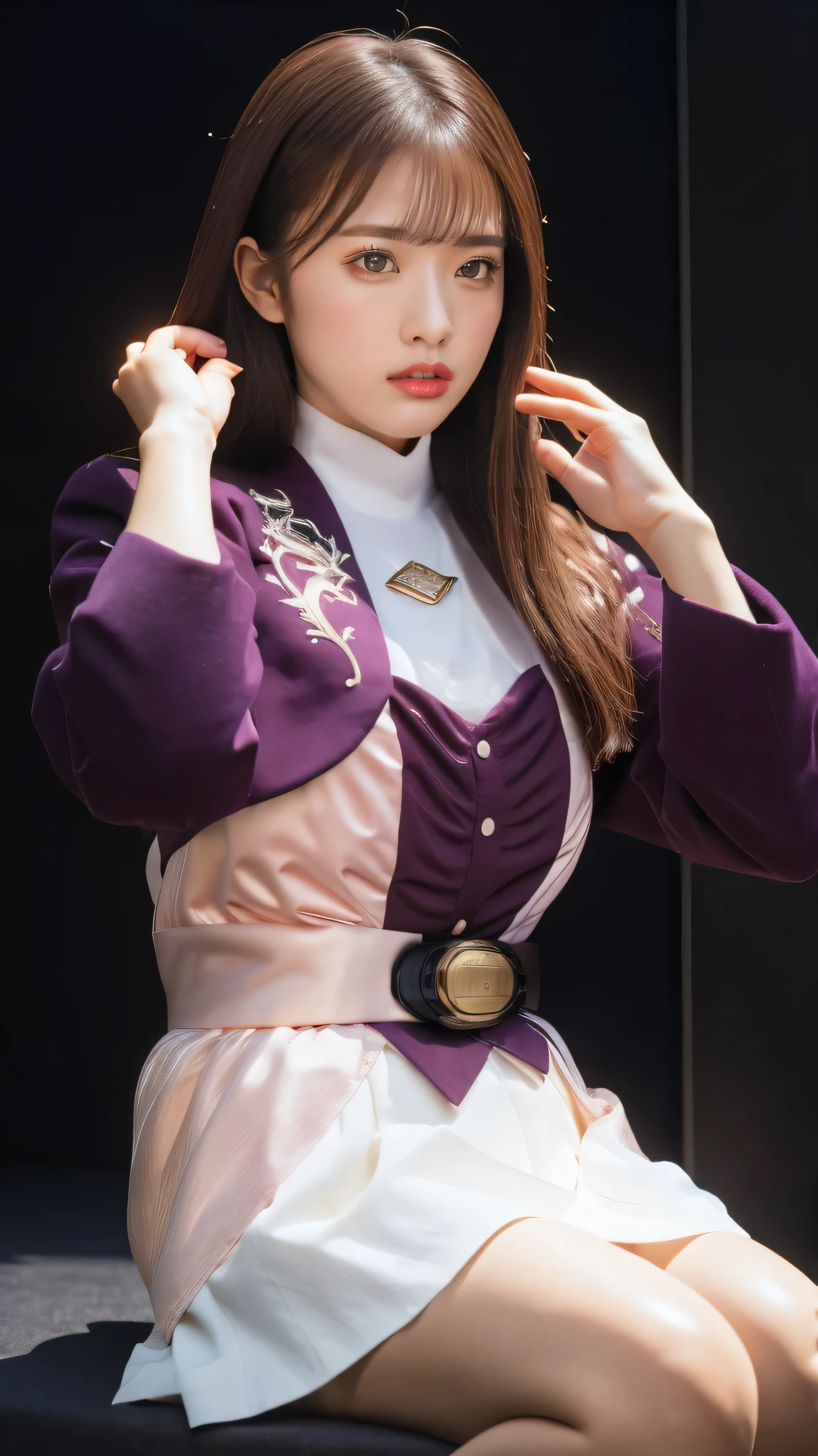 ( 高精細CG),( best quality ),((frontal view)),(( Composition showing the top from the waist)),((black room background with no lights)),(( 1girl )), Close, shiny skin ,wide hips , thin waist with cloudy white in the mouth, purple bolero jacket,((white skirt)),long sleeve , pink belt,((brown hair color )),straight long hair,((Composition showing the part above the knee where the eyebrows are bent in the shape of a C )),((sitting)),