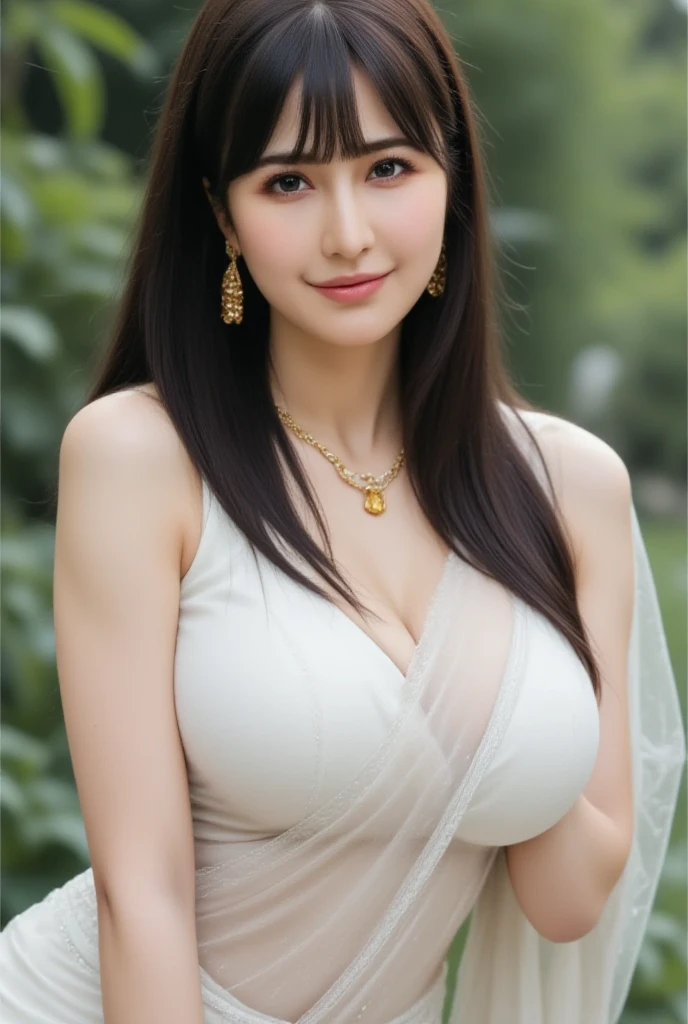 Extremely beautiful illustration of a stunning girl, 18 yo, very detailed and sharp facial features, very detailed and shinning natural hairs, very detailed and shinning glossy eyes, detailed full glossy lips, detailed white teeth, detailed sharpnose, perfect symmetrical face, very detailed and natural round medium breasts, beautiful saree, matching blouse, earrings and necklace, perfect midriff, cute and blushing, flowers, outdoors, diffused sunlight, perfect lighting, ray tracing, cinematic colour grading, very hyper realistic, seductive pose, light smile, dynamic sexy pose, vibrant and colourful