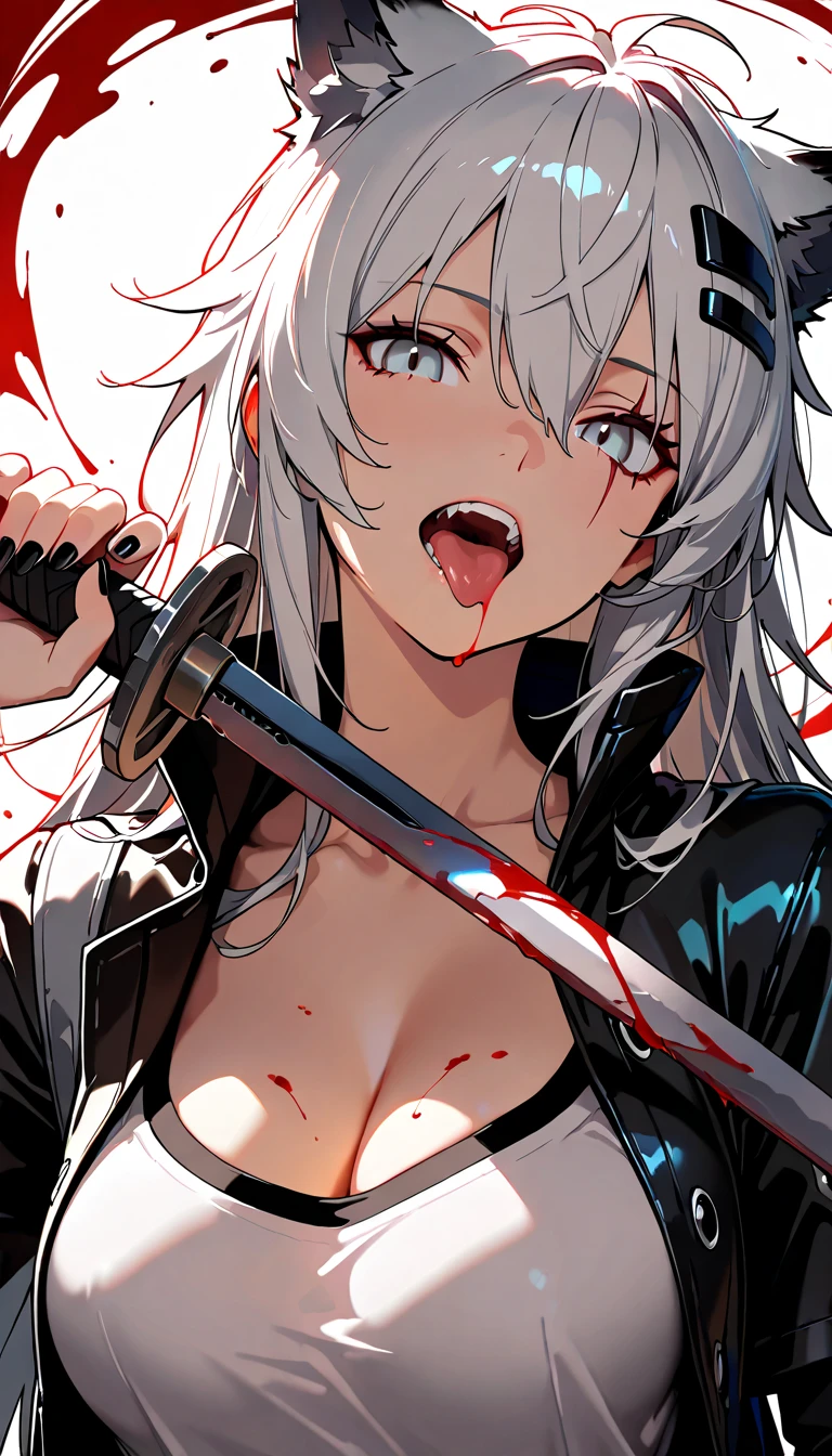 ((best qualityer)), ((work of art)), (detailded), 1 girl, ombro to ombro sweater, long light pink hair,light blue eyes, ((big boobies)), psycho smile, holding an axe,((stained with blood)), ((Face covered in blood)),roupa stained with blood 