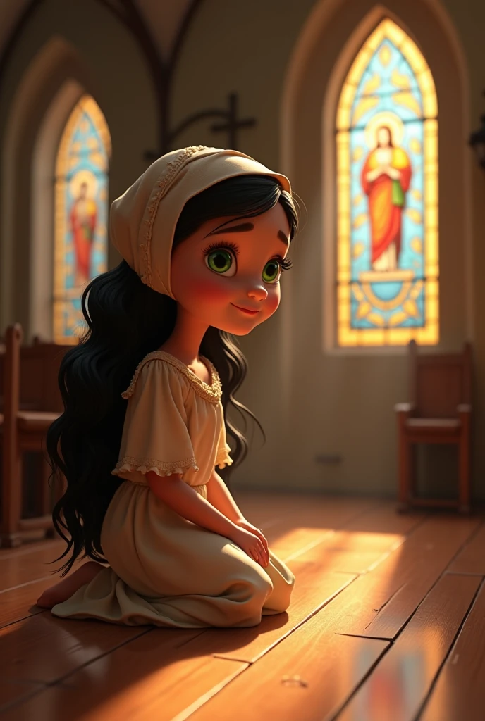 Isabel praying in front of a small image of the Virgin. Animated for children