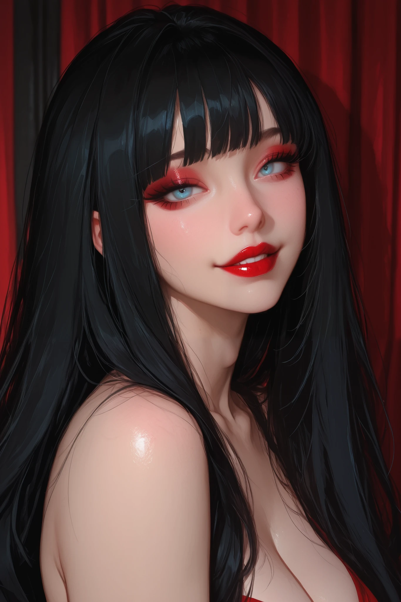 A beautiful girl, very sensual and charming. She has long black hair with bangs, light blue eyes, and fair skin, mischievously smiling with red lipstick.