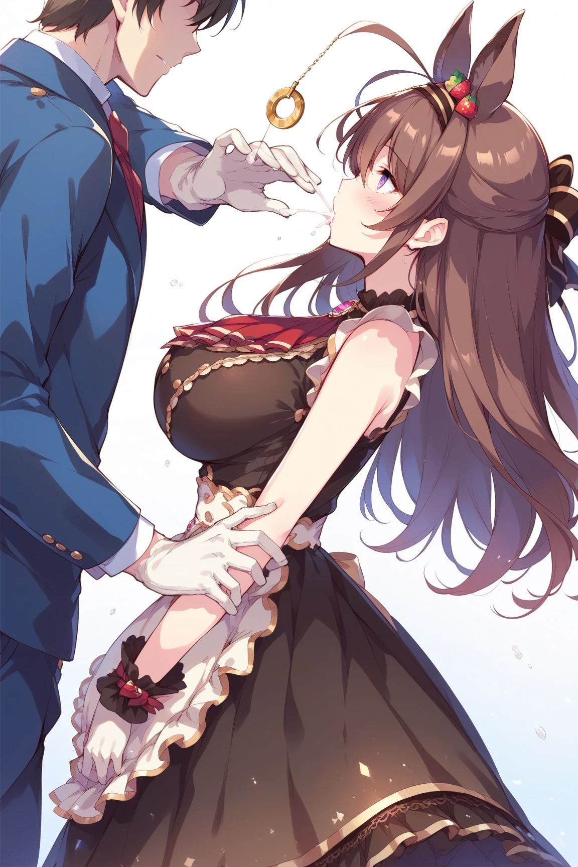 One girl, blue eyes, Long Hair, Brown Hair, Side Lock, Low Ponytail, ribbon, dress, White shirt, Puffy sleeves, Short sleeve, Red Skirt, Cape, Torn Blue,Panstroli,Young Girl,From the back,Intense penetration sex,Creampie Sex,Rape makes me feel good,At the peak,