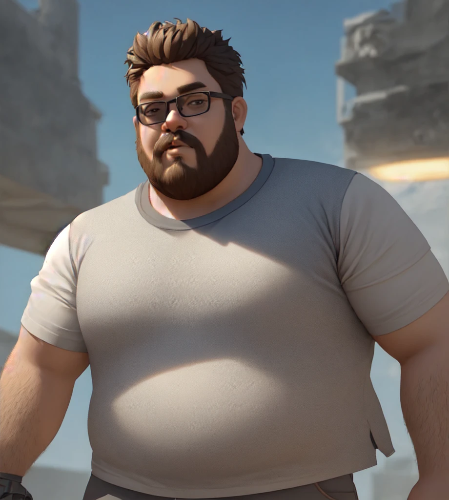 solo man with dimples and Chestnut Bangs , Pudgy, Head-on, hands in pockets,  upper body, Laughing, during evening, Modern setting and clothing, gym, (ultra detailed, masterpiece, best quality, absurdres)