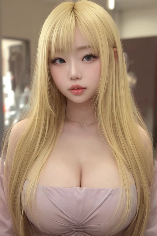 "A Korean girl with very fair skin and very long, blonde hair. Your black eyes are piercing, and your very full mouth adds a striking touch to your face. Her entire appearance conveys the feeling of being an evil girl."