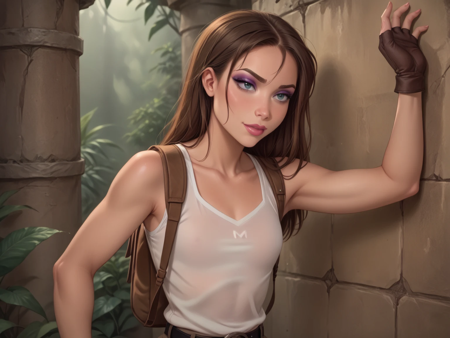 1 girl, naked men with sharp spears in their hands around, fear, flat chest, blue eyes, brown hair, long hair, narrow waist, makeup, lipstick, lips, eyeshadow, white tank top, large brown backpack, short brown fingerless gloves, tight brown pants, black boots, black belt with round buckle, facing viewer, pressed against wall, ruins in jungle