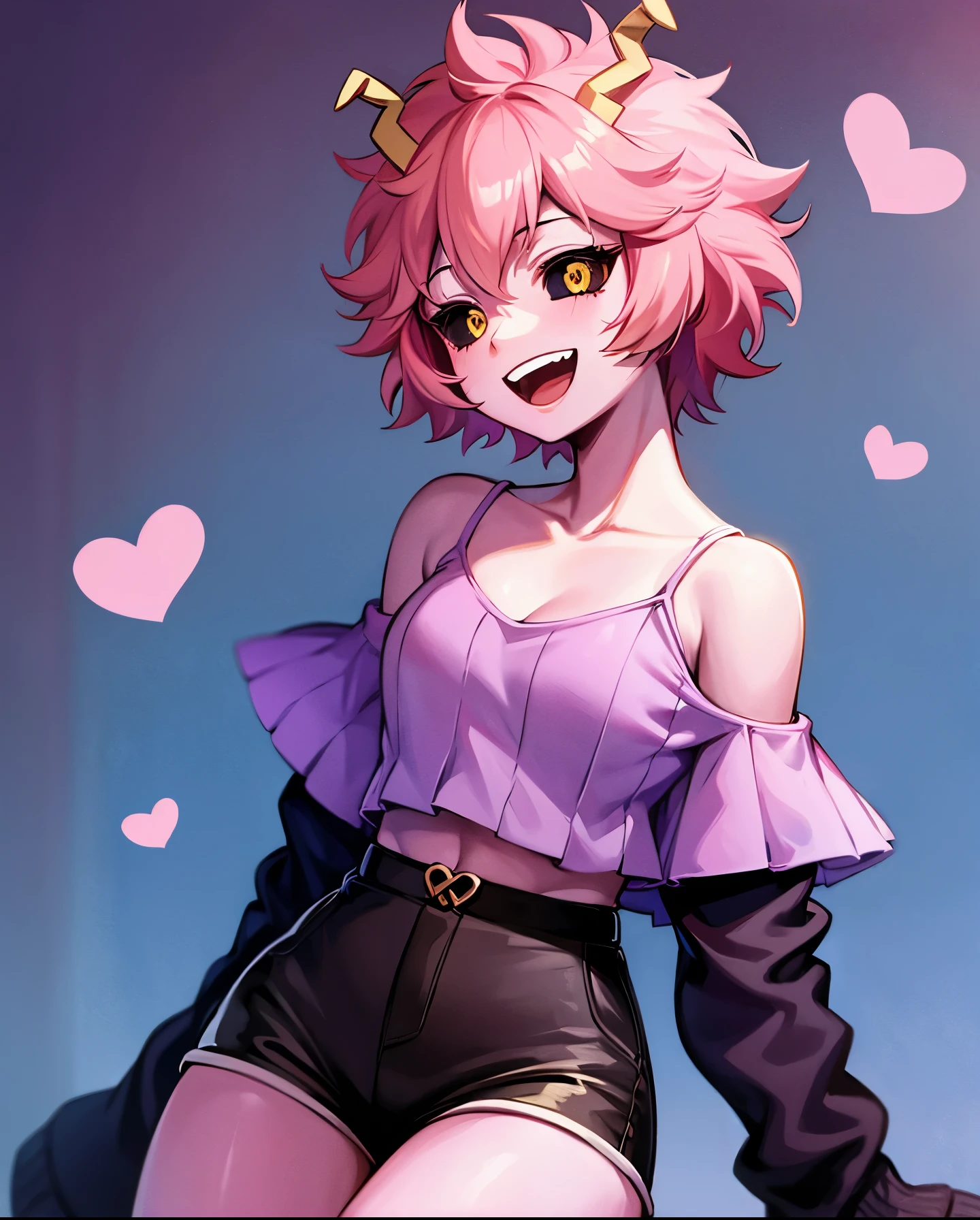 ((femboy)) he has hair ((off white)) messy, an upward-pointing strand and messy bangs, Ele tem olhos azuis, fair skin and flushed cheeks. He wears gloves that cover the wrist to the elbow, they are off white with pink tips, On the side of his shoulder he has a pink butterfly tattoo with blue edges. He wears a black sleeveless outfit that hugs his body.., with a heart on the chest and a purple and pink color palette., he wears white pants connected to tight clothes. He's on all fours, lain, anal sex, Ahegão, Making the peace symbol with your hands, sitting on a man'Lap, anal sex, enjoying