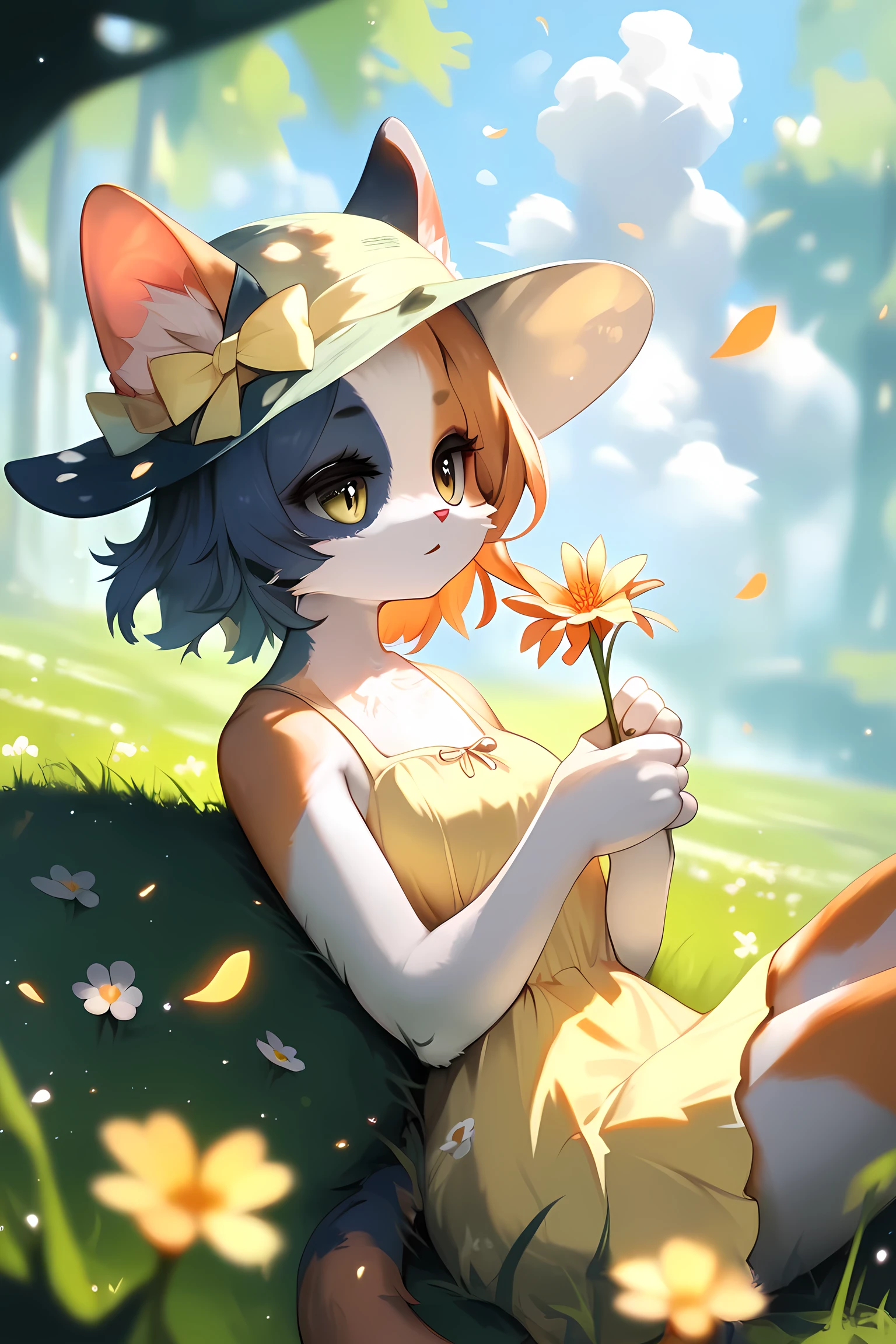 score_9, score_8_up, score_7_up, source_furry, (detailed eyes, beautiful eyes, black pupils, pupils)1.2, (beautiful, detailed background, very aesthetic, digital artwork, digital art, well shaded artwork, depth)1.2, anime - style image of a woman furry, calico cat furry, yellow sundress and yellow hat, short hair, grassfield, beautiful girl, beautiful scenery, (SFW VERSION)1.2, laying on grass, eyes half closed, holding flower, sniffing on flower, pixiv art, masterpiece, side view