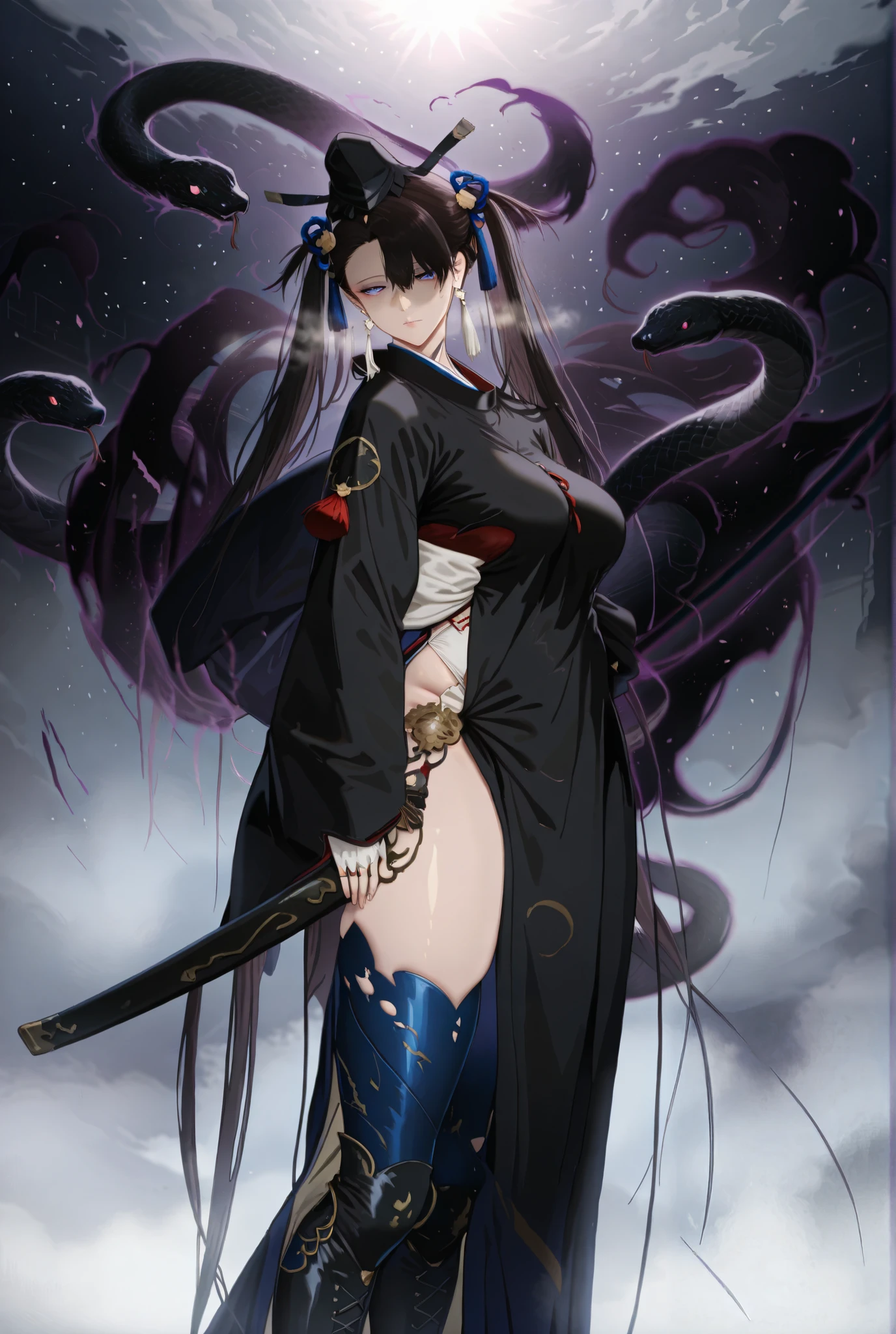 shitano-neno-kawakanu-uchini, anime coloring, anime screencap, anime-style detailed background, vignetting, masterpiece, high quality, absurdres, best quality, very aesthetic, newest, dynamic composition, anatomical correct, HD, 4K, digital art, trending on ArtStation, ((anatomical correct)), perfect body, perfect eyes, perfect fingers, gasping, heavy breathing, gasping profusely, cinematic, ((skindentation)), ((curvy)), blue eyes, long hair, twintails, black hair, hair ornament, tassel, very long hair, large breasts, lips, boots, hair over one eye, brown hair, asymmetrical bangs, foreshortening, gradient color eyes, (yulan1*1.2), ((bright pupils)), plump, japanese_clothes, 1girl, weapon, snake, solo, sword, hat, tate_eboshi, sheath, sheathed, expressionless, kariginu, sleeves_past_fingers, sleeves_past_wrists, looking_at_viewer, miko, wide_sleeves, hakama, skirt, long_sleeves, (aura:1.2), (black aura), (dark aura), half-closed eyes, tori, solid cloud, fog, shaded face, (sui_Ishida-style)