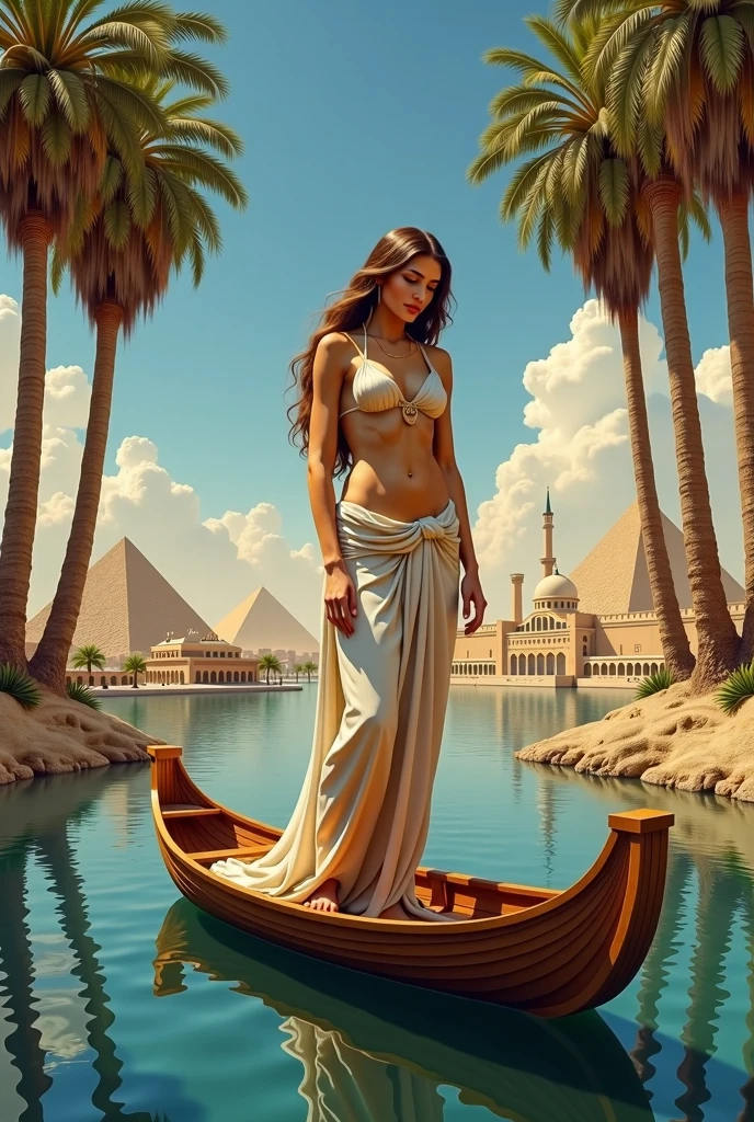 there is a woman in a bikini standing in front of a painting, egypt themed art, egyptian setting, android girl in egyptian ruins, egyptian environment, illustration matte painting, egyptian atmosphere, pintura fosca", pintura fosca", pintura do Egito Antigo, egyptian landscape, egyptian style, ancient ruins behind her, pisoteando uma cidade antiga, Egito Antigo, atlantis in the background