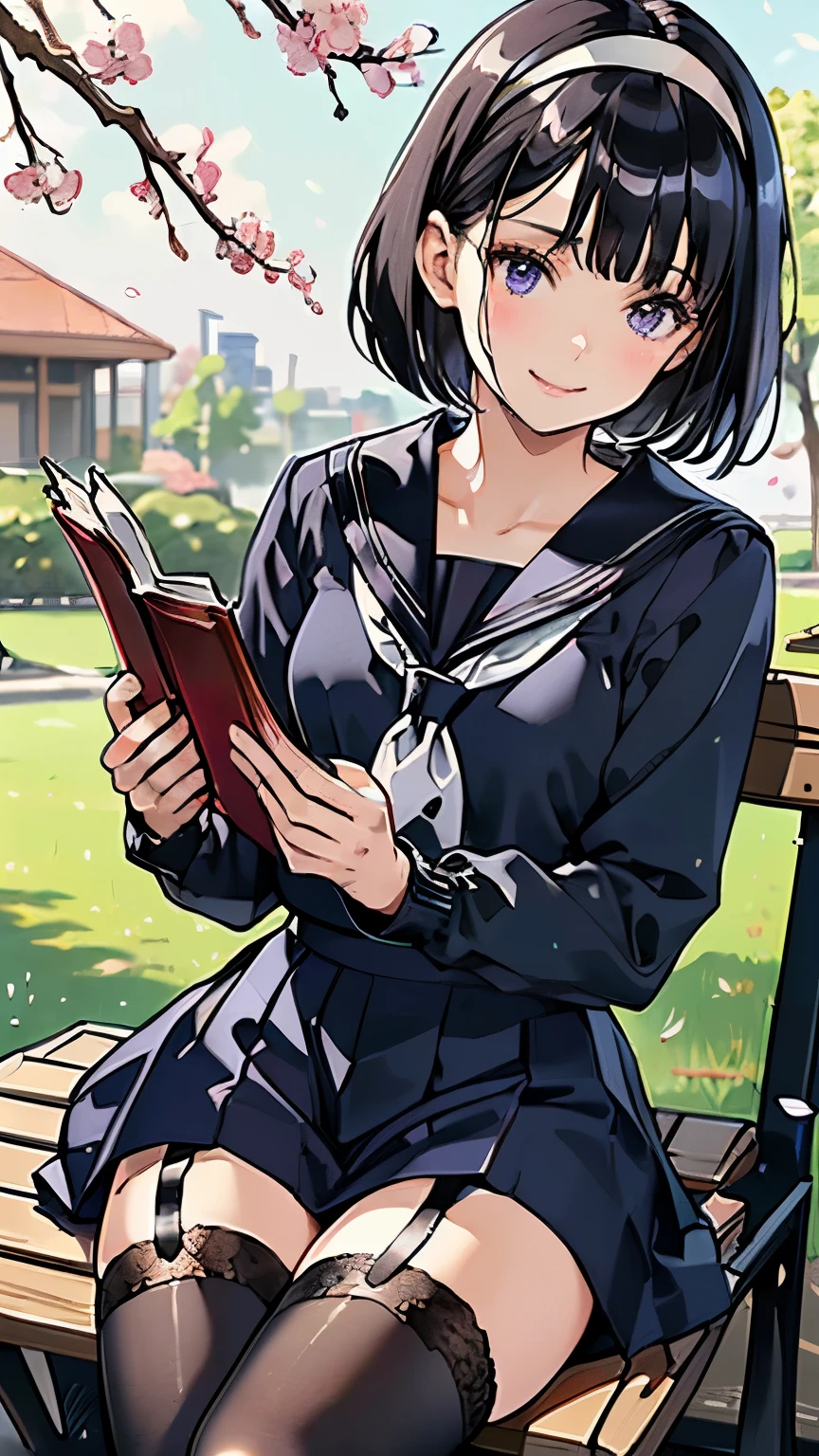 sailor suit, one woman, (beautiful women in cars, Delicate schoolgirl:1.3), 8k, best quality, masterpiece, very detailed, ultra high resolution, realistic, RAW photo, absolute resolution, black hair, bob cut, small face compared to body, very small face, black hair, navy blue sailor suit, navy blue skirt , animated 2d rendering, realistic high school girl, (white headbands:1.4), Location, small breasts, is tall, Slanted Eyes , purple eyes, (black stockings:1.4), (black garter belt:1.4), smile, (reading:1.4), Under the tree where cherry blossoms bloom, sit on a bench, Look this way,