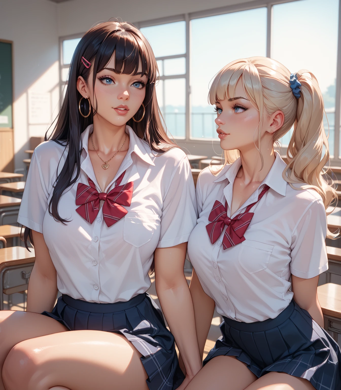 (masterpiece:1.3, Highest quality),  (Realistic, photoRealistic:1.4), Beautiful illustrations, Perfect lighting, colorful, Written boundary depth, 
Looking at the audience, whole body, Front view:0.6, 1 Girl, alone, Japanese, high school girl, Improve, (Big Breasts:0.8, Big Ass, Captivating thighs, Skin dents),
(Long Hair:1.5, Side Ponytail),  Asymmetrical bangs, Purple eyes, Lips parted, (very tanned and shiny skin), 
Beautiful Hair, Beautiful Face, Highly detailed face, Beautiful and beautiful eyes, Beautiful clavicle, Beautiful body, Beautiful breasts, Beautiful thighs, Beautiful legs, Beautiful fingers, ((Collared short-sleeved shirt, White shirt, , pink plaid pleated skirt, Black tie)), White panties, Polka dot hair scrunchie, 
( Sexy pose), (Captivating smile), evening,sit in classroom,Gal,(Brown Skin:1.5),(blonde:1.5),(View from below),
