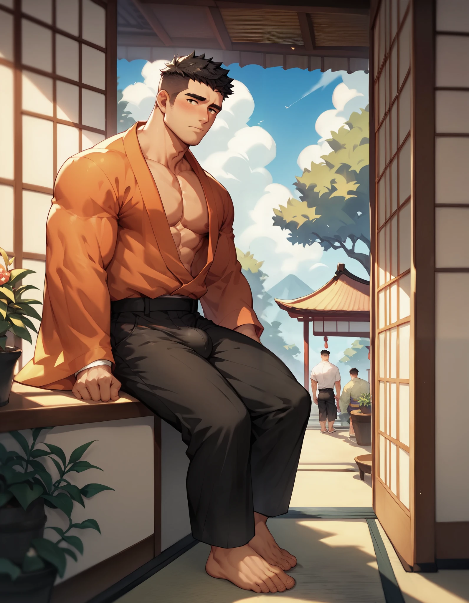 best quality,1 man, full body, muscle, manly, kimono, top less, black shorts, big chest, nice bulge, black hair, crew cut, looking at viewers, shy, blushes, sitting on veranda, beautiful garden