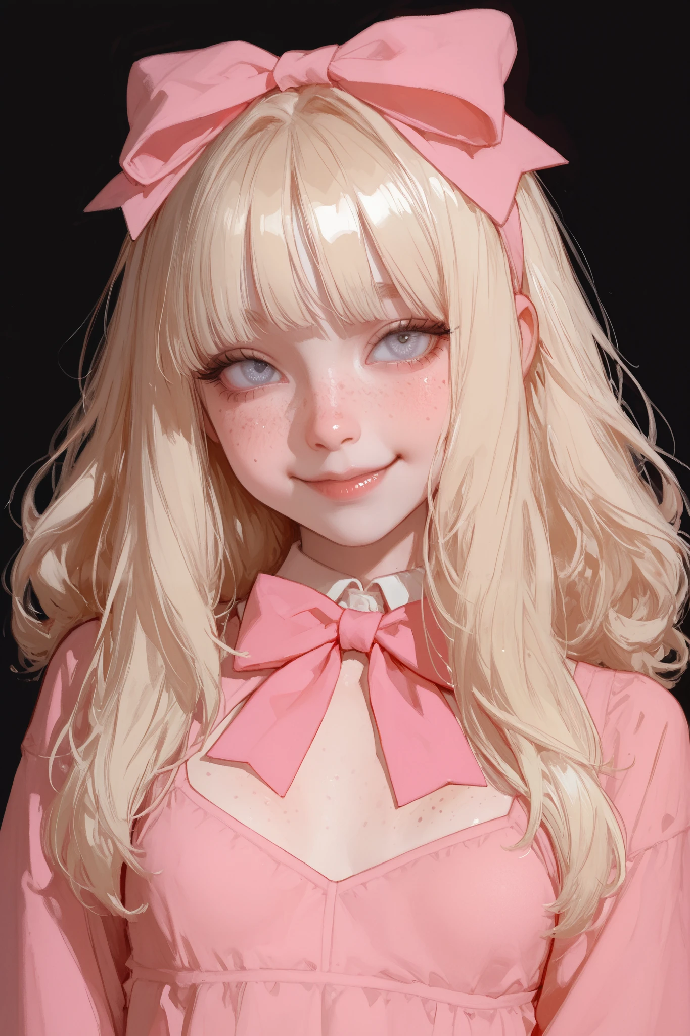 A beautiful girl, very cute and delicate. She has lovely light long blonde hair with bangs, clear violet eyes, fair skin, cute little breasts, and a pink bow on her head. Smiling in a cute way, she also has freckles on her cheeks.