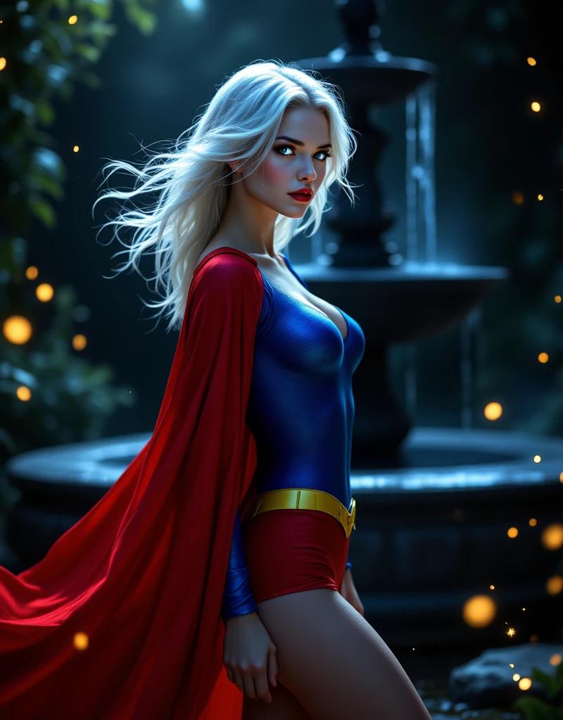 A powerful superhero character in a dramatic action pose, She has her hands behind her back. She wears a full dark blue, textured bodysuit with golden accents on the shoulders and wear red long gloves until her elbows. She have got long light blue hair, light blue eyes, large breast. She has a severe and stern expression. A large American flag cape billows behind her, adding a sense of movement to the scene. There are stains of blood on her face ,The atmosphere around her is misty, with beams of light piercing through the clouds, highlighting the figure in a heroic manner, photorealistic