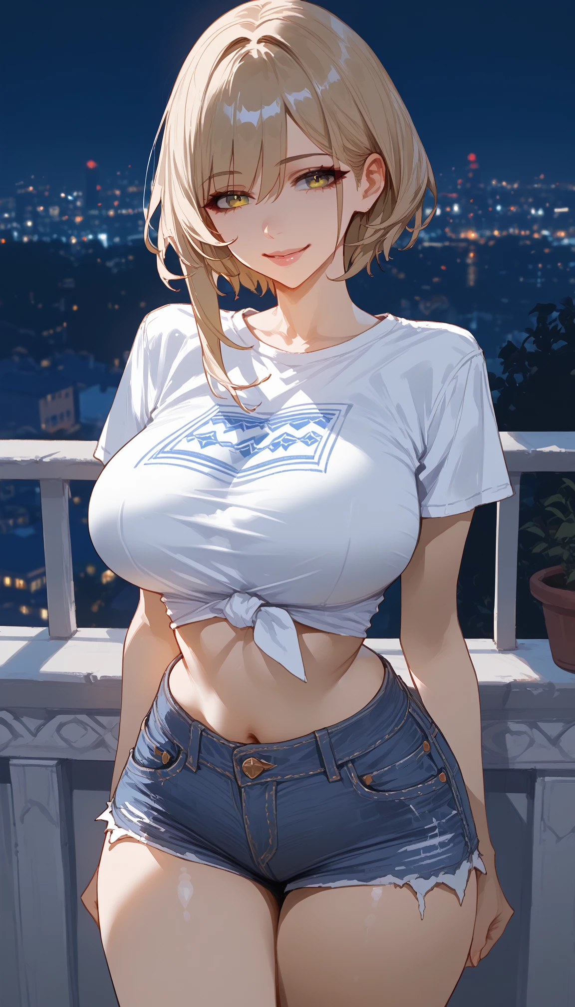 top-quality))、((masterpiece)、skin gloss real、16 year old girl、Close-up view of a blooper with short blond hair in a skyscraper looking up from underground)、(White opaque bikini)、wearing denim shorts。sexy pose、Breasts enlarged、Sunset、A slight smil、