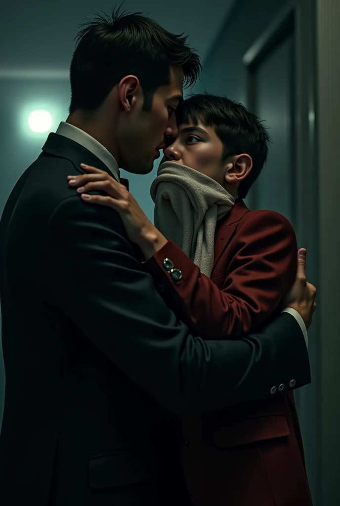 Young male vampire couple biting each other&#39;s wrist