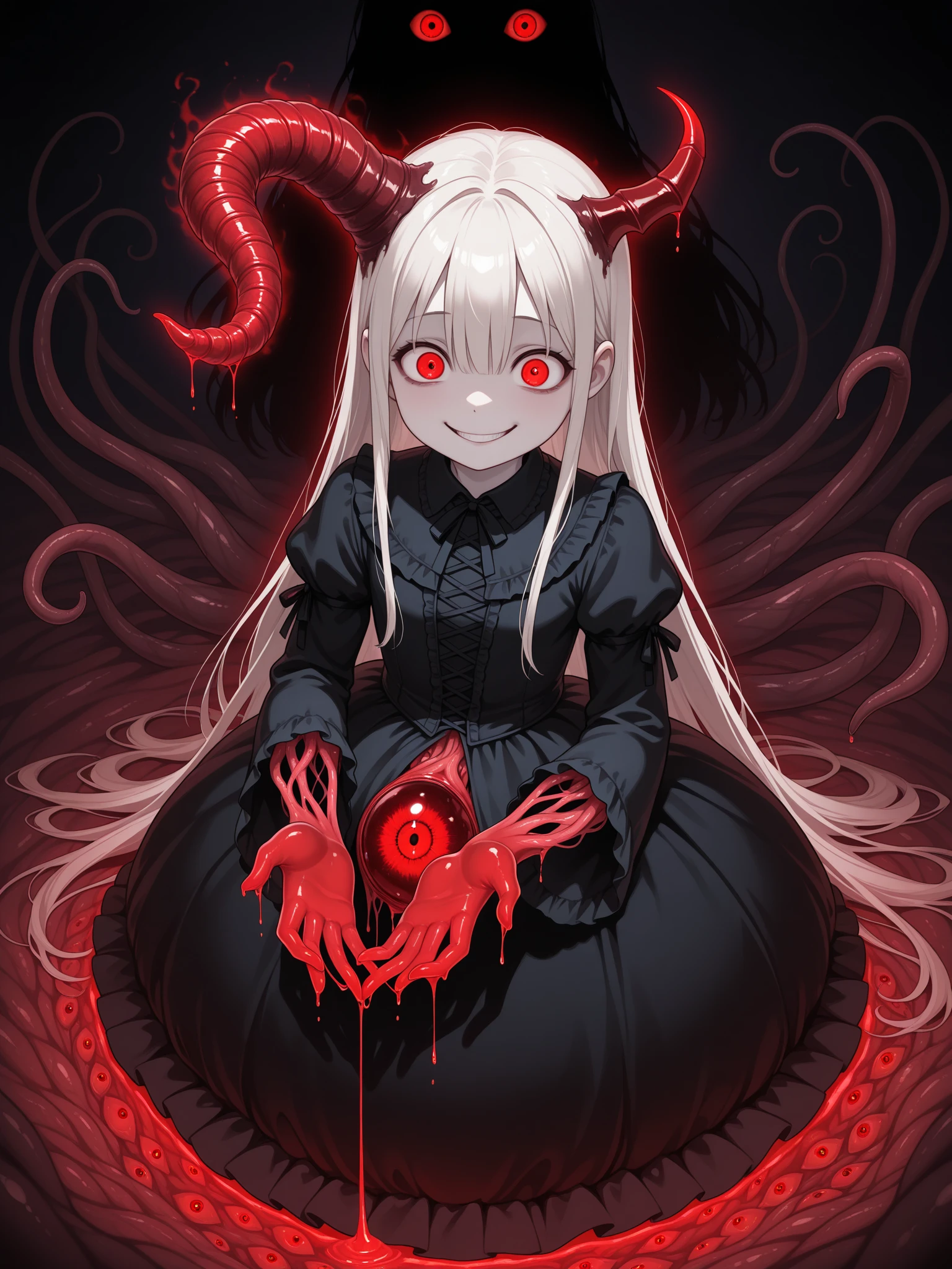 BREAK Perfect Anatomy、(High resolution:1.2)、Incredible illustrations、(Cute illustrations:1.2)、(NFSW)(Beautiful background、black smoke,depth of field) Alice in Wonderland(a girl, 1.5meters, 40kg,bionde,Red glowing eyes,Shiny straight super long)(country one piece dress,apron dress,head ribbon,sexy lingerie,garter stockings)(beckon:1.5),(half undressed,glands:1.4)(tentacles:4.3((cum on body, cum on breasts, cum on clothes, cum on hair, excessive cum,pojecile cum,)))) Full body view