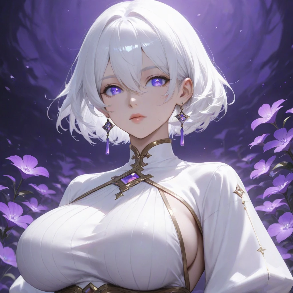 Caucasian female,short white hair,purple eye color,Four arms,halo,asas angelical, mostrando mamilos big boobies,big boobies