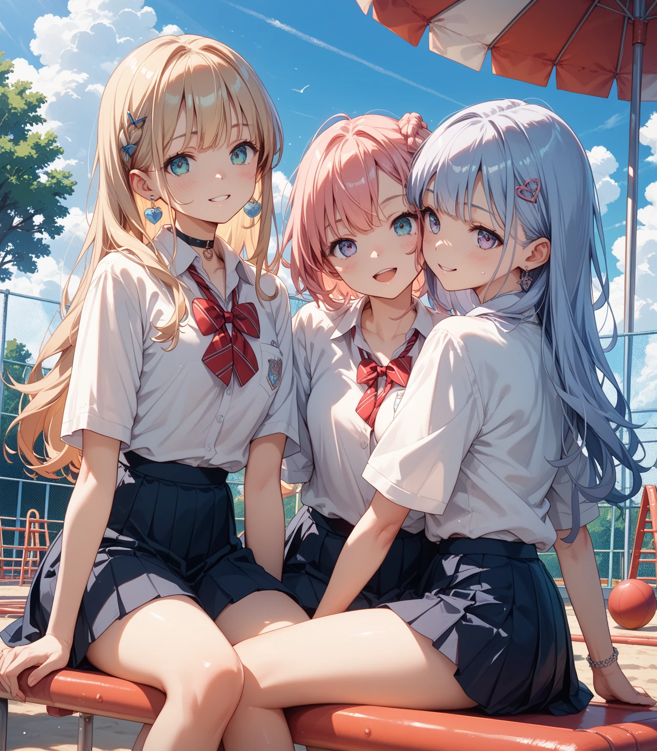 Texture CG, ((Ultra Detail Art)), ((​master piece)), (extremely details CG),Multiple girls,3girls,harem,sitting, school gals ,school gyaru ,((((school unifrom))),skirt ,(((pleated mini skirt)))), white shirt, school bag, bag , beautiful legs, wind lift,((string panties),(white sexy panties)),long hair, blonde hair, brown hair, pink hair, silver hair, Curve, Beautiful detailed eyes , gleaming skin, bracelet, ,hair ornament, hairclip, jewelry, open mouth ,light smile, embarrassed:1.4,