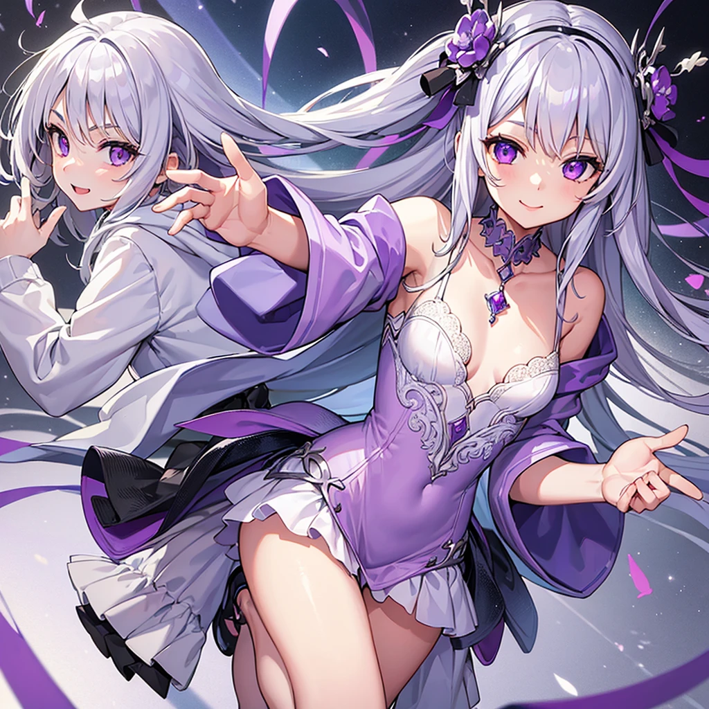 a girl with purple hair and another with white hair making a heart with their arms, with sexy fantasy costumes