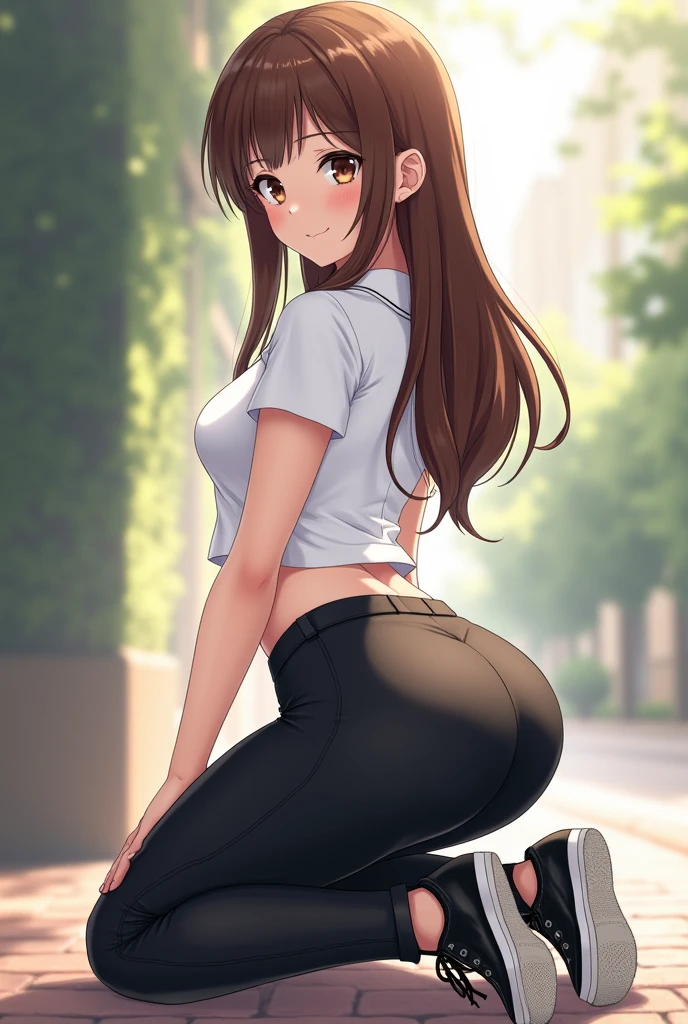 1 girl, alone, chizuru mizuhara, (masterpiece, best quality), ultra detailed, sharp focus, detailed background, detailed eyes, dynamic pose, cowboy shot, curvy body, blushing, embarrassed expression, perfect fingers, looking at viewer, brown hair, long hair, bangs, one side up, braid, brown eyes, ((pink sports top, tight top, neckline, bare shoulders, bare waist, navel, black sports pants, tight pants, pink sneakers)), breasts large, narrow waist, wide hips, medium thighs, round butt,((only)),((standing,outdoor,cityscape, park, trees, trail,sunny,clouds, adjust hair, wind, hair wind)), looking back, from behind, ((focus on ass)), pov: (from below), perfect anatomy, perfect hands