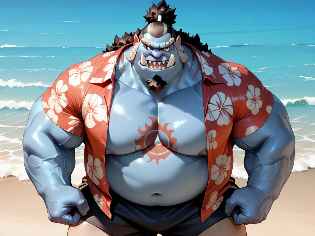 chubby man (jinbei) in street, (blue skin, blue skinned), muscular, pectoral, wide pectoral, beach, palm, realistic, 8k, masterpiece, (wearing shorts and tank top, shoes)