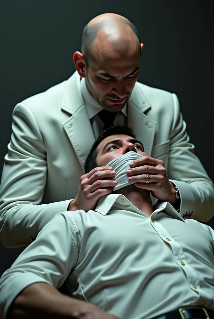 A very muscular man, 40 years old, shirtless and barefoot, he is hold by a doctor. The doctor puts his hand over the first man's nose and mouth with a white folded hankderchief. The muscular man is sleepy.